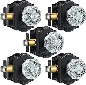5 Pack Crystal Door Knobs, Glass Door Knobs with Lock for Privacy Use, Octagonal Black Vintage Crystal Doorknob Set for Bedroom Bathroom Interior Doors