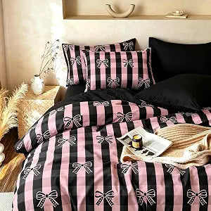CCoutueChen Pink Bow Plaid Comforter Set Queen Size, Coquette