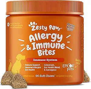 Zesty Paws Allergy Immune Bites - Dog Allergy Chews, Dog Probiotics for Itchy Skin and Ears, Peanut Butter, 90ct
