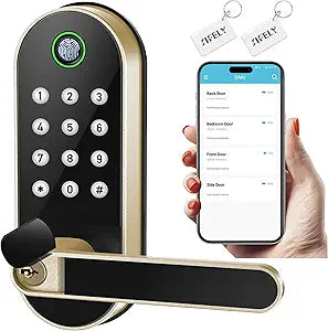 Fingerprint Smart Door Lock with Handle & Keypad  Bluetooth Keyless Entry for Front Door, Home, Kids, Guests, Airbnb & Rental, App + Code Access, Compatible with Alexa & Google, Easy DIY Install