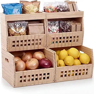 AceOrbit 6 Pack Wood Pantry Storage Bins 4 Wooden Storage Bins with 2 Wooden Tray Lids Multipurpose Open Front Stackable Organization Set for Kitchen or Pantry and Fruits Vegetables, Potato & Onion