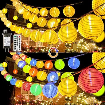 StarryEver Outdoor Patio Lights Plug in, 65.6Ft Connectable Warmwhite & Multicolor Hanging Lantern String Lights with Remote Timer 80LED Outdoor String Lights Waterproof for Garden Backyard Fences