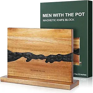 MEN WITH THE POT Magnetic Knife Block 13 x 10 Inches, Double Sided Magnetic Knife Holder Rack for Kitchen Counter Top, Space Saving Free Standing Wood Magnetic Knife Storage Stand with Black Resin