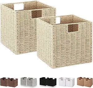 Vagusicc Wicker Storage Basket, Set of 2 Hand-Woven Paper Rope Storage Baskets, Foldable Cube Storage Organizer Bins, 11 Inch Wicker Storage Baskets for Shelves and Decor, Square Storage Basket, Beige