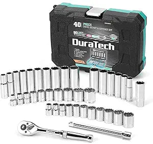 DURATECH 3/8" Drive Socket Set, 40 Piece Tool Set Including Standard (SAE) and Metric Sockets, 90-Tooth Ratchet Handle and Extension Bar