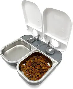 Closer Pets C200 2 Meal Timer-Controlled Automatic Pet Feeder - for Cats and Small Dogs, Wet or Dry Food, Stainless Steel Bowl Inserts and Ice Pack, up to 14 oz Each, White