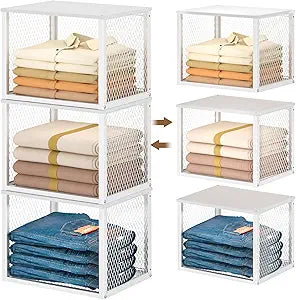 3 Pack Stackable Closet Organizers and Storage Basket, Closet Shelves with Wood Top Extra Storage, Multifunctional Clothes Organizer Bins/Cube Storage Drawer for Wardrobe Kitchen Laundry Room, White