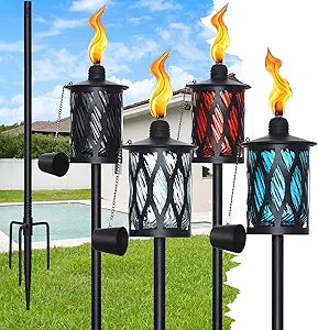 4 Pack Glass Torches for Outside, 14 Oz Citronella Torches with 4-Prong Grounded Stake,30"-59" Outdoor Citronella Torches - for Party,Yard, Garden(Multi-Color)