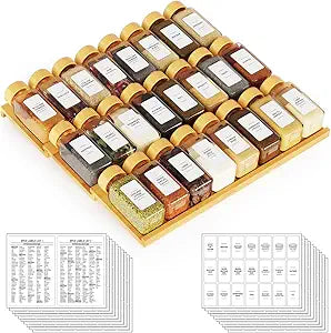 SpaceAid Bamboo Spice Drawer Organizer with 24 Spice Jars, 378 White Minimalist Spice Labels, 3 Tier Seasoning Rack Tray Insert for Kitchen Drawers, 15" Wide x 15" Deep x 2.6" Tall