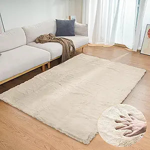 ORINOVA Beige Plush Faux Washable Rabbit Fur Area Rugs for Bedroom Shag Carpet for Living Room 4x6 Rectangle Nursery Rug