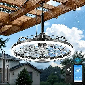 Outdoor Ceiling Fan with Light for Patios, 20" Waterproof Gazebo Fan with Remote&App Control Plug in Caged Ceiling Fan with Hanging Hook, 3CCT Dimmable 6 Speeds DC Motor for Porch Pergola (Black)