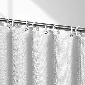 Extra Long White Shower Curtain Boho, 72 x 84 Cotton Blend Waffle Weave Stripe Textured Heavy Duty, Fabric Shower Curtain for Bathroom, Hotel, Washable