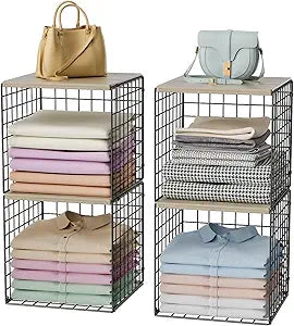 Hencawima 4-Tier Stackable Closet Organizers and Storage, Dual-Layer Reinforced Clothing Cube Shelves with Wood Tops, Sturdy Clothes Storage Bins & Shelf Basket for Wardrobe, Closet Organizer System