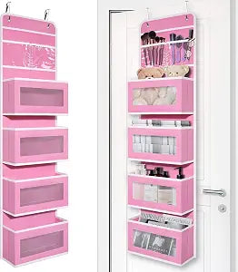 Giraffe Creation Pink Over Door Organizer with 6 Front Pockets, Hanging Door Storage for Nursery, Bedroom, Bathroom, Closet, Toys, Diapers, Cosmetics, Baby Essentials