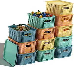 Colorful Plastic Storage Baskets with Lids 12 Pack Stackable Storage Bins Containers for Shelves Organizing, Colored Cute Decorative Storage Boxes for Classroom, Playroom, Closet, Pantry