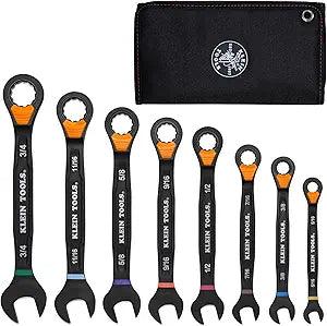 KLEIN TOOLS 69508 SAE Ratcheting Combination Wrench Set, 8-Piece, Slide-Lock 90-Tooth Ratchet, I-Beam Handle, Color-Coded Size Markings, Roll Pouch Storage