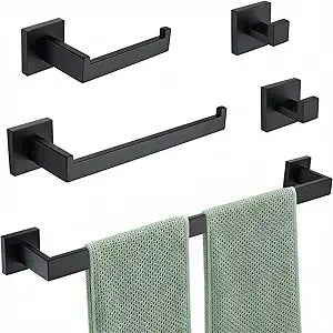 Matte Black Bathroom Hardware Set 5-Piece, Modern Square SUS304 Stainless Steel Bath Accessory Kit with 23.6" Towel Bar