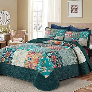 DJY Patchwork Quilt Set Queen Size 3 Pieces Green Plaid Floral Bedspread Coverlet Set, Boho Turquoise Rustic Lightweight Reversible Bedding Quilt for All Season (96''x90'')