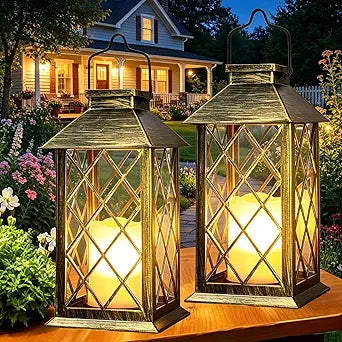 Yowin Solar Lanterns Outdoor Waterproof 2 Pack 14" Large Tempered Glass Hanging Solar Lantern with Flameless Candle, Garden Gifts, Table Lamp for Wall Balcony Patio Vintage Decorations - Bronze
