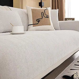 Chenille Sectional Sofa Covers - Washable Dog-friendly Herringbone Couch Covers for L-shaped Sofa (Beige White, 36"x 63")