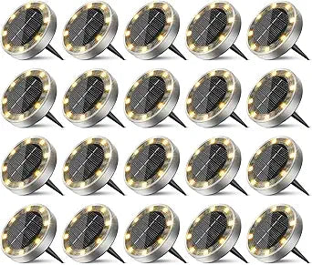 20 Pack Solar Ground Lights Outdoor, 8 LED Mini Flat Solar Disk Lights, IP65 Waterproof Anti-Rust Disc Light, Landscape Lighting for Garden Pathway Yard Walkway Driveway Lawn,Warm White