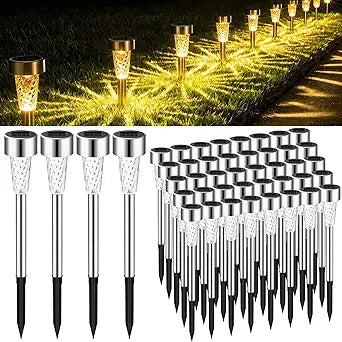 Huquary 50 Pcs Solar Lights Outdoor Waterproof Bulk LED Stainless Steel Solar Outdoor Pathway Garden Landscape Path Lights for Pathway Lawn Porch Garden Walkway Driveway Outside Decor (Warm White)