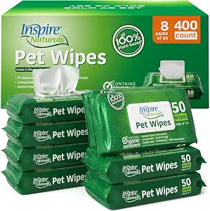 Inspire Naturals Pet Wipes for Dogs and Cats 100% Natural Plant Based with Organic Antioxidants, Dog Wipe Cleaning Deodorizing | Puppy Wipes | Dog Wipes for Paws and Butt (400ct - 8 Pack)