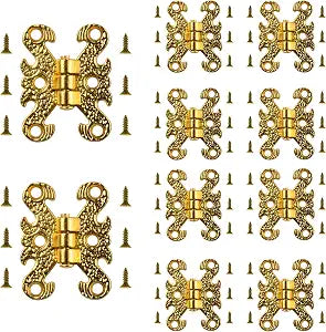 10 Pcs Antique Box Hinges Vintage H-Shape Jewelry Box Hinges European Retro Mini Folding Hinge with 60 Screws for Jewelry Box, Wooden Case, Toolbox, Cabinet, Gift Box (Gold)
