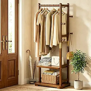 Taitiy Coat Rack Solid Wood Clothes Rack with 2 Shelves & 5 Hooks for Hanging Clothes Garment Wallets Hats, Clothing Rack Coat Rack Freestanding Hall Tree with Storage for Hallway Bedroom Living Room
