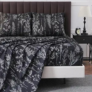 HYPREST 6 Piece King Size Sheets Set, Floral Sheets Black Patterned Sheets Deep Pocket up to 18 inches