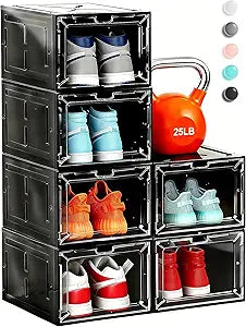6 Pack Stackable Clear Shoe Boxes with Black Frame, Large Plastic Shoe Organizer Storage Bins for Sneakers & Boots, Magnetic Front Door, Space Saving Closet Shoe Case