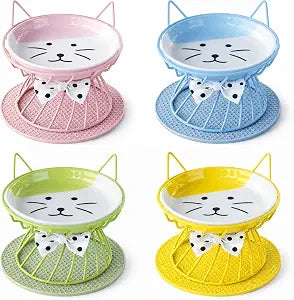 Ceramic Cat Bowls Set of 4, Raised Cat Food Bowl with Stand, Elevated Pet Food Feeding Station for Indoor Cats, Reduce Neck Stress, Whisker Friendly,for Kitten, Cat, Puppies, Dishwasher Safe