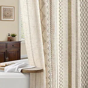 Boho Linen Shower Curtain for Bathroom,with Striped Print and Twine-Inspired Woven Center,Extra Long Size,72" W x 84" L