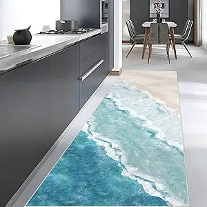 Beach Pattern 2.6x8ft Runner Rug Non Slip Washable Kitchen Runner Rug with Rubber BackingLow-Pile Soft Washable Runner Rugs for Hallway Entryway Kitchen Bedroom Living Room Bathroom