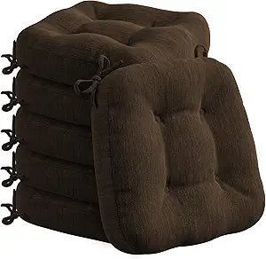Codi 6 Pack Dining Chair Cushions, Thick Chairs Pads for Indoor Kitchen Room - Washable, Non-Slip Memory Foam Seat Cushion with Ties, 16.5"x16.5"x 3.5", Set of 6, Brown New