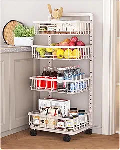 UMDONX 4-Tier Kitchen Storage Cart Metal Snack Cart Adjustable Fruit Basket on Wheels Stand Baskets for Potato Onion Produce White