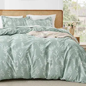 MUXHOMO Duvet Cover Queen Size, 3-Piece Floral Green Bedding Set
