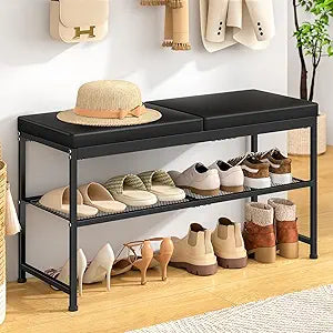 DAOUTIME Shoe Rack Bench, 2-Tier Shoe Storage Organizer with PU Seat Cushion, Entryway Bench with Height-Adjustable Metal Mesh Shelves, Modern Bench Seat for Bedroom Living Room Hallway Foyer, Black