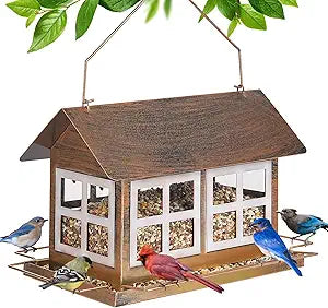 Bird Feeders, Heavy Duty Metal Bird Feeder for Outdoors Hanging, Weatherproof Large Capacity Wild Birdfeeder for Outside Garden Yard, Country House Shape (Horizontal)