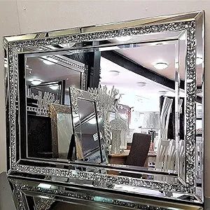 Decorative Wall Mirror, 32x24 Crushed Diamond Mirrors with Crystal for Wall Decor Living Room Silver Luxury Modern Mirrored Home Decoration Big Large Mirror Silver