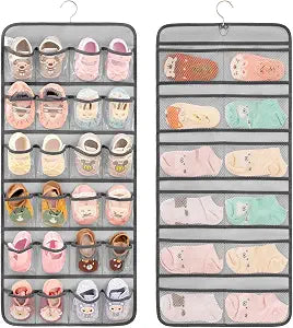 Dual-sided Hanging Baby Shoes Organizer Closet Toddler Shoe Storage Holder for Kids Bow Socks Underwear (GREY)