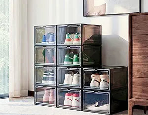 10 Pack Black Shoe Storage Boxes Stackable, Plastic Shoe Boxes with Lids, Sneaker Storage, Transparent, Thick Hard, Drop Front Door, Within US Size 13, Size: 13.54x10.63x7.49