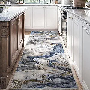 2x6 Runner Rug for Hallways Kitchen Modern Abstract Washable Runner Rug Blue Soft Non Slip Marble Carpet Runner for Laundry Entryway Bedroom Bathroom