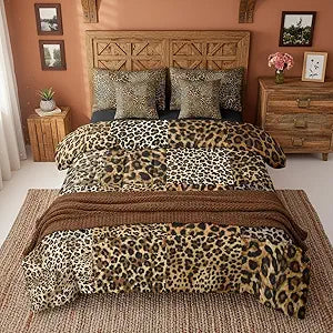 Erosebridal Brown Leopard Print Comforter Set with Sheets 7 Piece African Animal Cheetah Bed in A Bag King Wild Safari Skin Pattern Bedding Sets for Women Men Patchwork Farmhouse Wildlife Bed Set