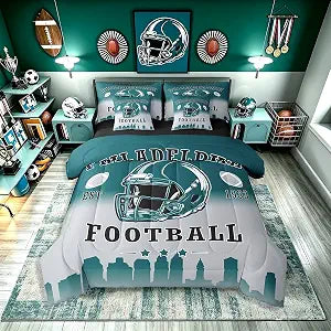 Erosebridal Football Comforter Set with Sheets American Soccer City Queen 7 Piece Bedding Set for Kids Teen Adults,Rugby Sports Green Grey Bed in A Bag Sports Competitive Games Bed Set