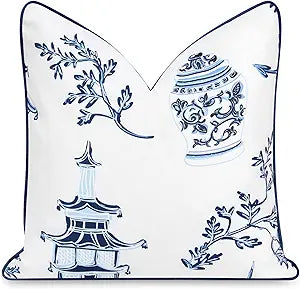 Hofdeco Premium Coastal Patio Indoor Outdoor Throw Pillow Cover Only, 20"x20" Water Repellent for Backyard, Couch, Navy Blue Chinoiserie with Piping
