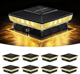 Solar Post Cap Lights 8 Packs for 4x4 Wooden/Vinyl Posts, IP65 Waterproof Fence Post Solar Lights with Warm/Cool/Neutral Lighting, Outdoor Post Lights for Garden, Patio, Porch- Black