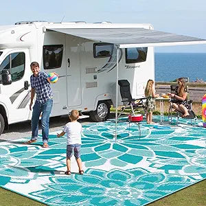 LOKHOM Outdoor Rug for Patio 9x18 ft Reversible Plastic Straw Patio Camping Rug, Floral Waterproof RV Mat for Camper Indoor Outdoor Carpet for Deck Porch Picnic Beach Balcony Backyard, Teal & White