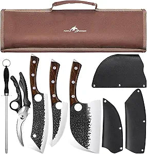 Purple Dragon Butcher Knife Set - 9 Pcs Chef Knife Set - Hand Forged Serbian Chef Knives - Meat Cleaver Boning Viking Knives with Roll Bag - Gift for Men and Women