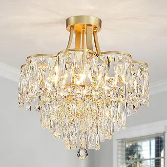 WUZUPS Crystal Chandelier Semi-Flushmount Ceiling Light Modern Lighting Fixture for Bedroom Hallway Entry Kitchen Bathroom, H 19.3" x W 18.3", E12 Base, Gold
